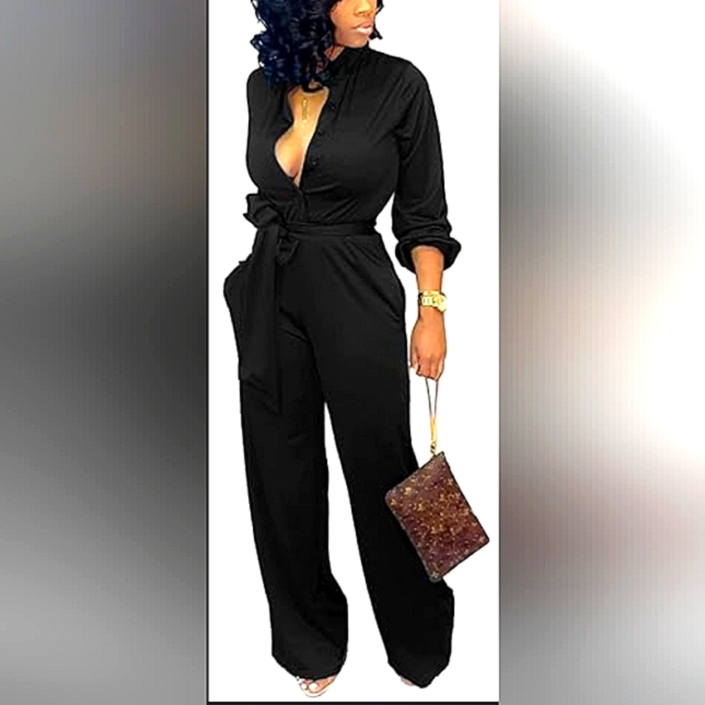 Chic Black Tie-Waist Wide Leg Jumpsuit Nwot Size L